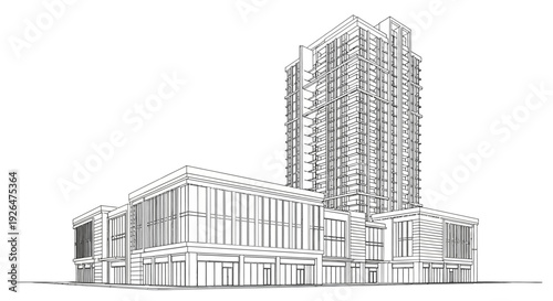 Architectural line drawing of a modern high-rise building with a multi-story commercial base.
