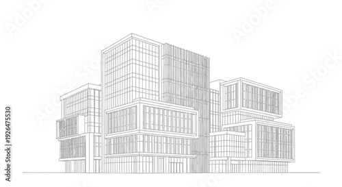 Architectural line drawing of a modern multi-story building complex with glass facades and geometric shapes.