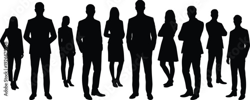 Business People Silhouettes Collection, Corporate Men and Women Standing in Formal Poses, Isolated Black Full Body Figures