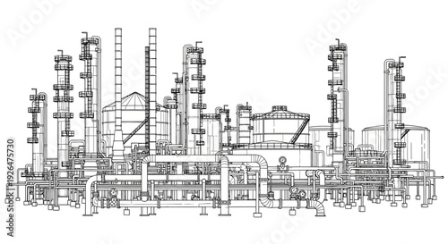 A detailed line drawing of a large industrial oil refinery or chemical plant.