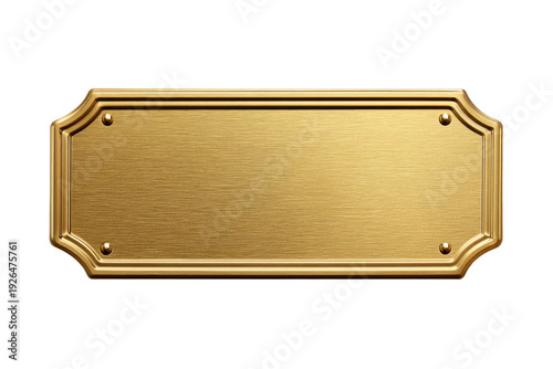 Brushed gold rectangular plaque with ornate border and rivets on black sign metal, Isolated On White Background, Png Transparent