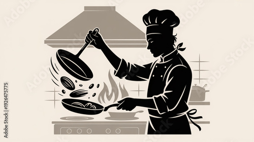 Vector illustration of chef cooking with frying pan
