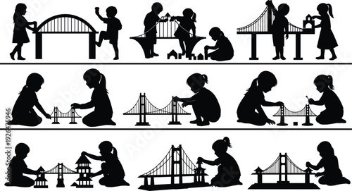 Children silhouettes playing with toy building blocks and bridge models for early childhood education creative learning stem development architecture play and school activities