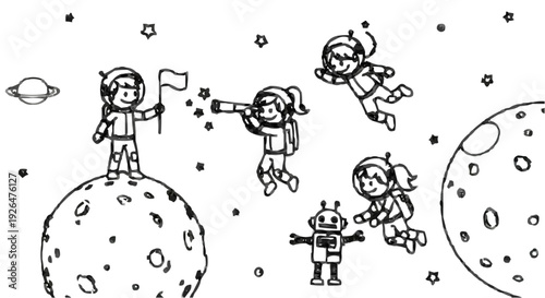 A black and white vector illustration of children in space with a robot