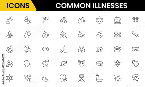 Common Illnesses line icons set. Common Illnesses outline icons with editable stroke collection. These Includes Breast Cancer, Depression, Brain Tumor, Allergy, Diabetes, and More.