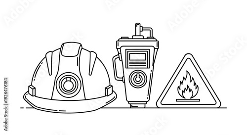 Line art illustration of a safety hard hat, walkie-talkie, and fire hazard warning sign, representing industrial safety.