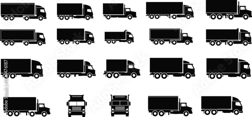 Delivery truck silhouettes collection, cargo transport lorry and box truck set, commercial freight logistics vehicle vector isolated illustration