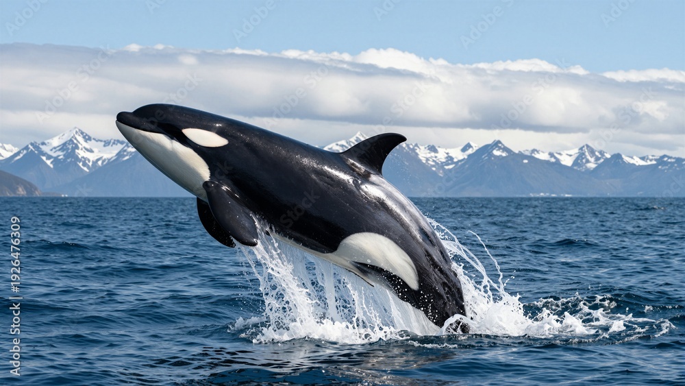 Obraz premium A majestic killer whale leaps out of the ocean against a backdrop of snow-capped mountains and blue sky, creating a dynamic splash.
