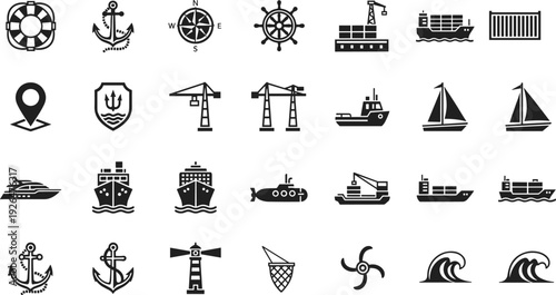 Maritime and nautical icon set with ship anchor compass lighthouse crane cargo vessel wave symbols black silhouette vector isolated background