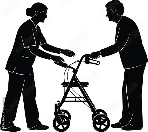 Caregiver assisting elderly woman with walker silhouette showing senior healthcare support compassion mobility isolated white background illustration