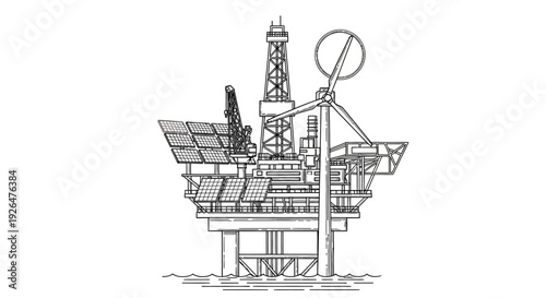 Detailed line drawing of an offshore oil platform integrating solar panels and a wind turbine for sustainable energy production.