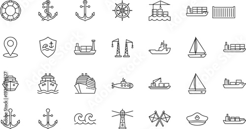 Nautical and maritime line icon set with ships anchors compass lighthouse cargo crane waves outline vector collection isolated on light background