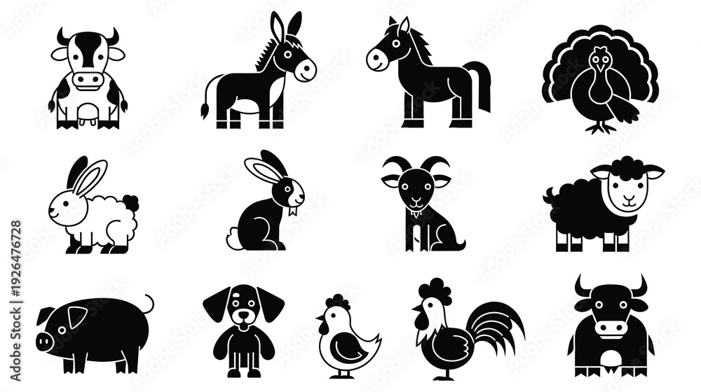 Obraz premium A collection of black and white farm animal illustrations