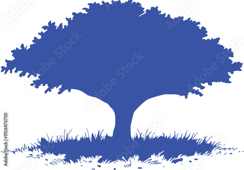 described features a striking blue silhouette of a tree, which can be analyzed in several ways