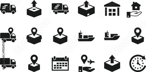 Shipping and delivery logistics icon set, truck, package, warehouse, cargo ship, location tracking, fast transport vector isolated