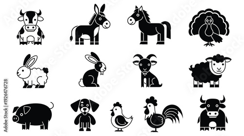 A collection of black and white farm animal illustrations