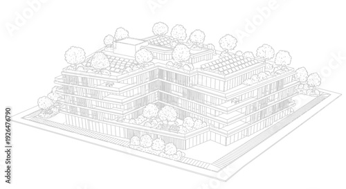 Architectural line drawing of a modern building with terraced green roofs and trees, showcasing sustainable design.