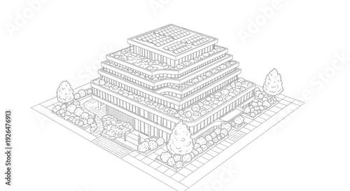 Isometric line drawing of a modern terraced building with green roofs and surrounding landscaping.
