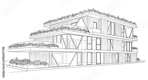 Architectural sketch of a modern building with green roofs and balconies.