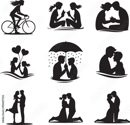 black silhouettes of people in various romantic and social interactions