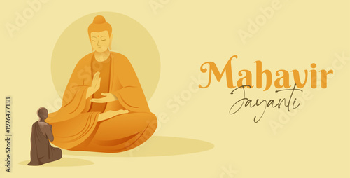 Mahavir Jayanti 2026 banner with Jain monk statue and his student