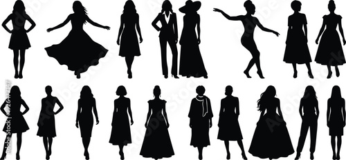 Women silhouette collection set, elegant female poses in dresses and casual outfits isolated on white background, flat vector illustration