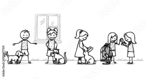 A black and white illustration of children with pets in a line
