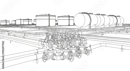 Wireframe drawing of an industrial oil or gas storage facility with tanks, pipelines, and a complex valve manifold system.
