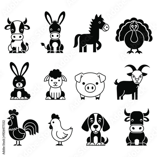 Black and white illustrations of various farm animals including cows, pigs, and horses