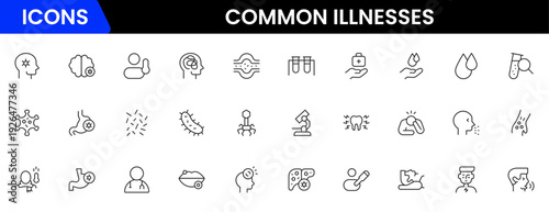 Common Illnesses line icons set. Common Illnesses outline icons with editable stroke collection. These Includes Breast Cancer, Depression, Brain Tumor, Allergy, Diabetes, and More.