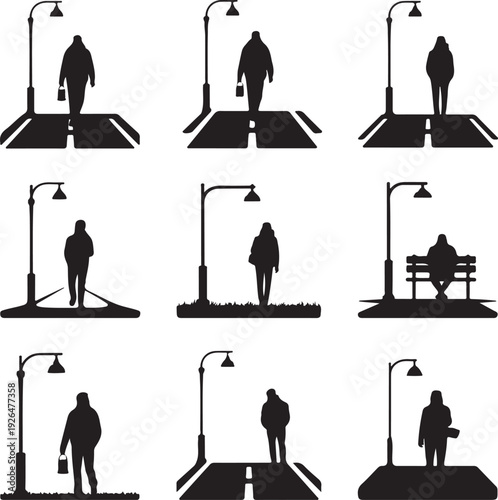 black silhouettes of people standing on sidewalk with street lamps