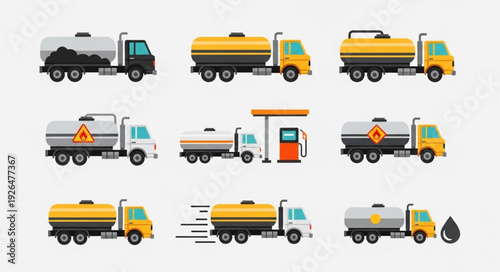 Collection of various fuel tanker trucks in different designs and colors for transportation.