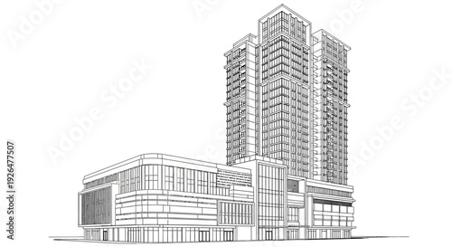 Detailed architectural sketch of a modern high-rise building complex with multiple towers and a commercial base.