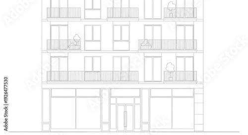 A minimalist line drawing depicting the front facade of a modern multi-story building with balconies and ground-floor shops.