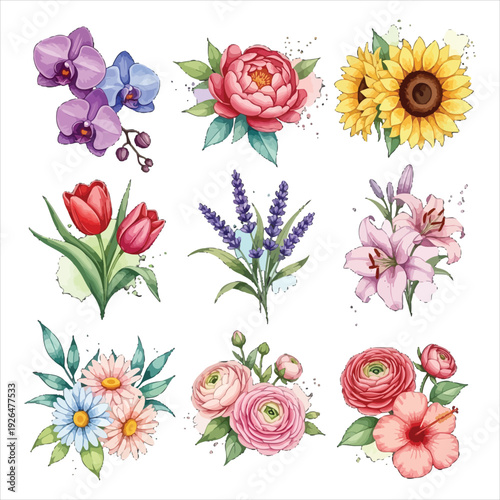 Watercolor flower icon collection. Includes orchid, sunflower, rose, tulip, lavender, and pink flowers. Created in watercolor style with pastel colors
