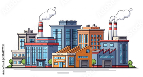 Industrial complex with factories and chimneys emitting smoke into the sky, pollution.