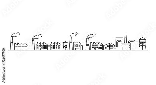 Industrial cityscape featuring factories and water towers against a white backdrop.