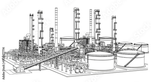 Detailed wireframe drawing of a large industrial oil refinery or chemical plant with numerous tanks, pipes, and towers.