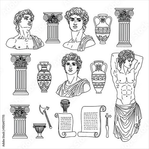 Ancient Greek icon collection. Includes busts, columns, statues, vases, scroll, sword, and cup. Created in line style with black and white palette