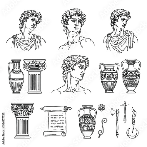 Ancient Greek icon collection. Includes busts, vases, columns, scroll, and tools. Created in line art style with black and white palette