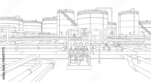 Wireframe drawing of an industrial facility with large storage tanks and complex pipeline network.