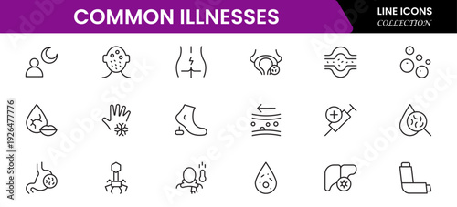 Common Illnesses line icons set. Common Illnesses outline icons with editable stroke collection. These Includes Breast Cancer, Depression, Brain Tumor, Allergy, Diabetes, and More.