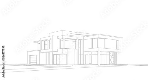 Architectural line drawing of a modern minimalist house with large windows and a garage, rendered in a clean 3D wireframe style.