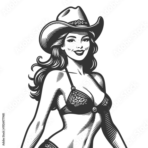 smiling young woman wearing a cowboy hat and western style outfit sketch engraving generative ai fictional character vector illustration. Scratch board imitation. Black and white image.