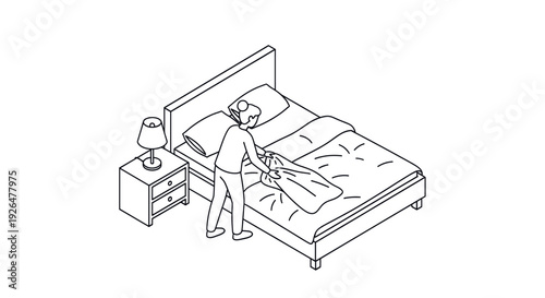 Isometric line art illustration of a woman making her bed in a minimalist bedroom with a nightstand and lamp, conveying routine and domestic life.
