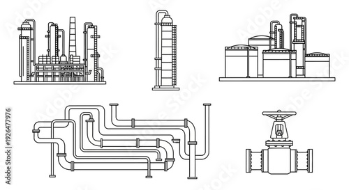 Line art illustrations of industrial processing plants, storage tanks, complex piping systems, and a large control valve.