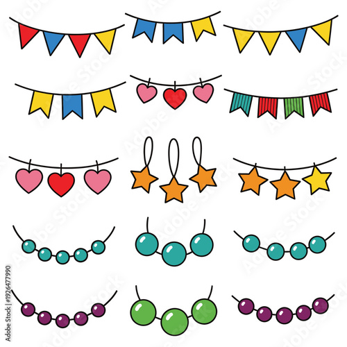 Colorful banners and decorative strings with hearts and stars