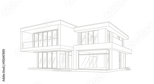 Wireframe rendering of a modern minimalist house with large windows.