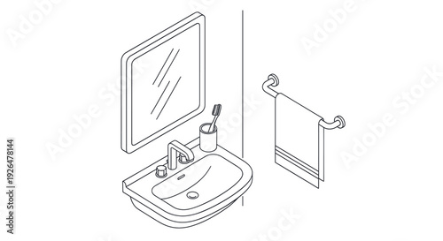 Clean line art illustration of a bathroom sink with a mirror above, a toothbrush, and a towel hanging on a rack. Ideal for architectural plans or modern design concepts.