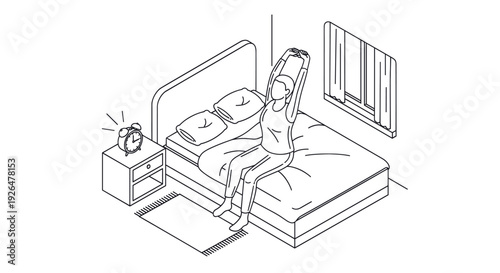 Minimalist black and white line art of a woman stretching in bed after waking up with an alarm clock on the nightstand; illustrates morning routine.